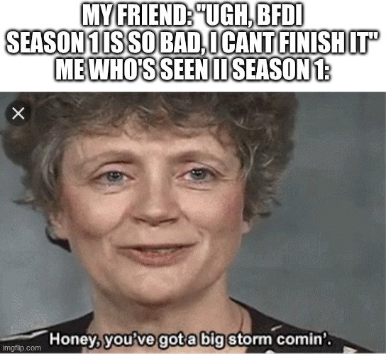 ii season one | MY FRIEND: "UGH, BFDI SEASON 1 IS SO BAD, I CANT FINISH IT"
ME WHO'S SEEN II SEASON 1: | image tagged in honey you got a big storm coming | made w/ Imgflip meme maker
