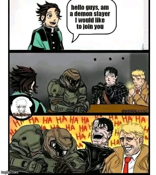 Tanjiro is overshadowed by people who are just better at slaying demons. | image tagged in demon slayer,guts,doom slayer | made w/ Imgflip meme maker