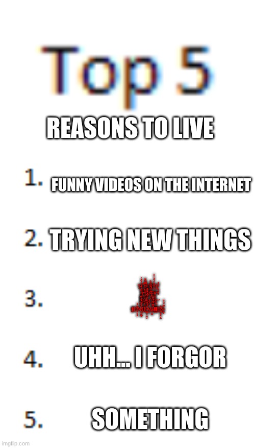 Top 5 List | REASONS TO LIVE; FUNNY VIDEOS ON THE INTERNET; TRYING NEW THINGS; T̵̘͔̤̝̼̙̙̽̔̾̈́̓̕͜Ò̴̯̌̿̿͌̍̈͘ ̵̡̱͔̲͔̩̬̲͒͗͑͘O̸̥̮̹̙̿̾̑͠U̵̺̞̗͍̞̇̏͑́̈́̇̓̓T̸͚̘͖̰̹̋́́ ̵̢͕̺̰̮̰̍̆̃͐̐͠Ḽ̵̛͎̮͍̙̖̲̄͌̈́͠Í̷̹̤̗̺̖̯͍͈̊͐̒̒͛͘͠Ṿ̴̡͍̻͖̣̿̾́̀̃̾͗͜E̵̡̩͓͉̥͊͠ ̵̪͍̃͊̃Ý̶̢̨͔̫͇̦͉̯̈́Ö̴̡̳́͒͐̂̇͊͌̓Ú̸̮̝̜R̴̢̩̞̫͉̀̆̽̓͊͝ ̴͖̄ΙE̸͕͎̩͈̾̈́̔N̸̗̲̬̲͙̈́́̽̈́͒̀̏͘Ι̧Ȩ̵̫̞̹̝͍̹̍̈̉́̑̏̈̓͜Ḿ̷͎̹̺Ī̸̀̿̈́̈́̊͂̒͜ΙΙẸ̸̪͔͍̥͕̼͊͑Ș̷̬̩̓̃̈́̀̇͂; UHH... I FORGOR; SOMETHING | image tagged in top 5 list | made w/ Imgflip meme maker