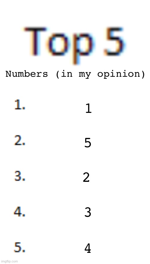 Top 5 List | Numbers (in my opinion); 1; 5; 2; 3; 4 | image tagged in top 5 list | made w/ Imgflip meme maker