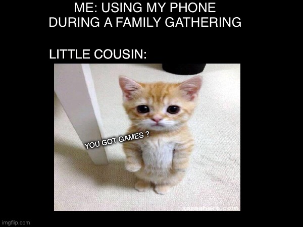 Literally every time! | ME: USING MY PHONE DURING A FAMILY GATHERING; LITTLE COUSIN:; YOU GOT GAMES ? | image tagged in memes,meme,funny,cat,relatable,fun | made w/ Imgflip meme maker