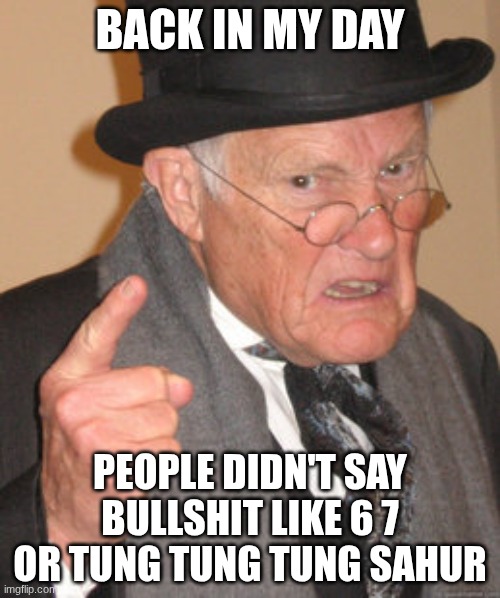 Back In My Day Meme | BACK IN MY DAY; PEOPLE DIDN'T SAY BULLSHIT LIKE 6 7 OR TUNG TUNG TUNG SAHUR | image tagged in memes,back in my day | made w/ Imgflip meme maker