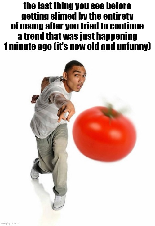 throwing tomato | the last thing you see before getting slimed by the entirety of msmg after you tried to continue a trend that was just happening 1 minute ago (it's now old and unfunny) | image tagged in throwing tomato | made w/ Imgflip meme maker