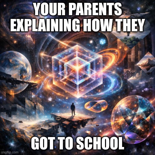 4th dimension | YOUR PARENTS EXPLAINING HOW THEY; GOT TO SCHOOL | image tagged in 4th dimension | made w/ Imgflip meme maker