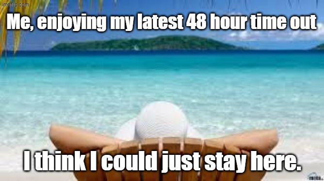 Lesson to be learned--Don't respond to a racist leftist troll with Spanish expressions | Me, enjoying my latest 48 hour time out; I think I could just stay here. | image tagged in vacation beach | made w/ Imgflip meme maker
