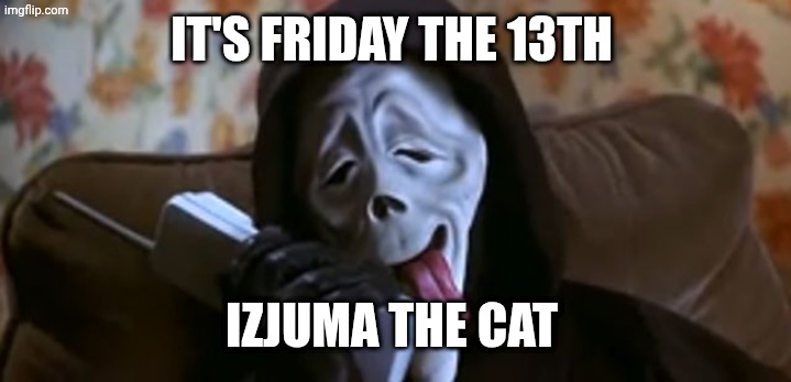 Happy Friday the 13th | IT'S FRIDAY THE 13TH; IZJUMA THE CAT | image tagged in ghostface scary movie,friday the 13th | made w/ Imgflip meme maker