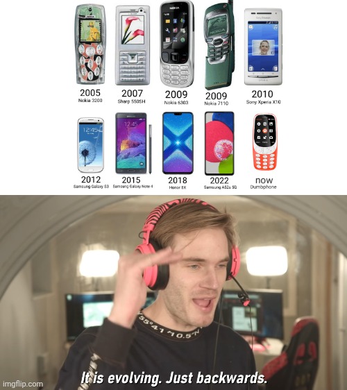 Dumbphones be like: | image tagged in its evolving just backwards,dumbphones,smartphone | made w/ Imgflip meme maker