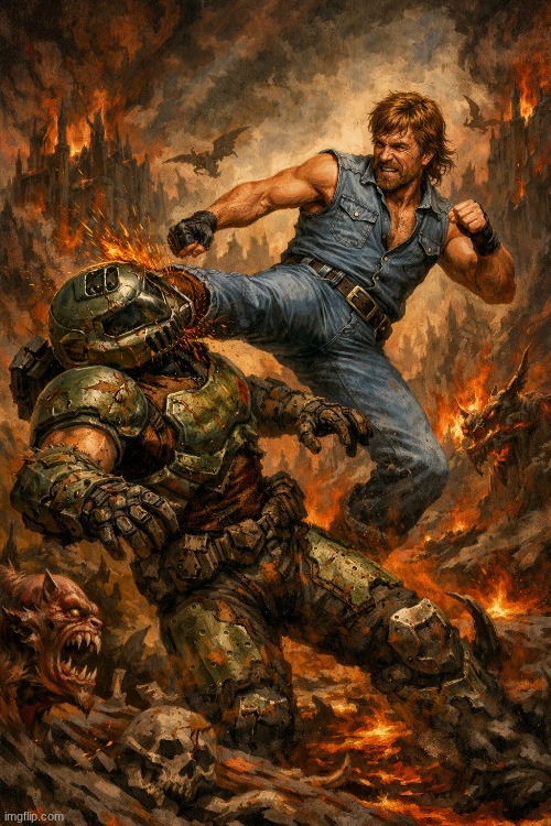 Accurate? Tell me who would win in the comments. | image tagged in doom,chuck norris | made w/ Imgflip meme maker