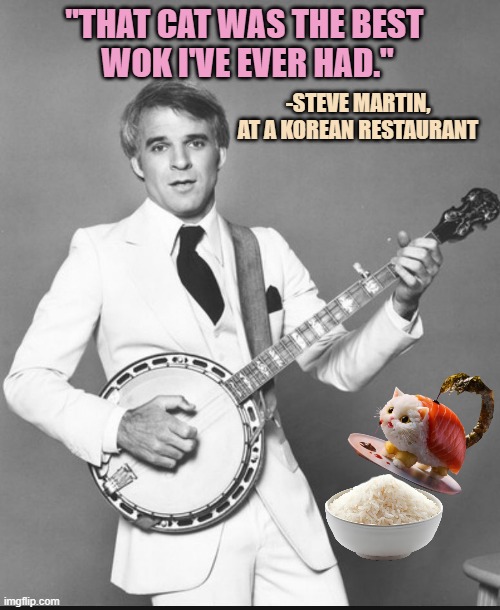 steve martin the jerk | "THAT CAT WAS THE BEST 
WOK I'VE EVER HAD." -STEVE MARTIN,
AT A KOREAN RESTAURANT | image tagged in steve martin the jerk | made w/ Imgflip meme maker