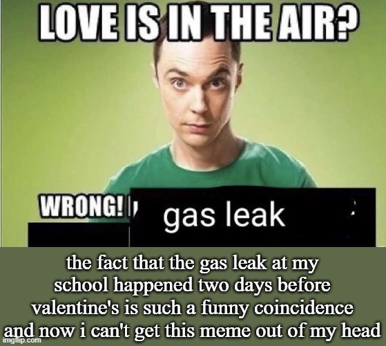 everybody was okay btw, it really wasn't that bad | the fact that the gas leak at my school happened two days before valentine's is such a funny coincidence and now i can't get this meme out of my head | image tagged in gas leak | made w/ Imgflip meme maker