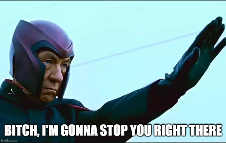 Magneto Move | BITCH, I'M GONNA STOP YOU RIGHT THERE | image tagged in magneto | made w/ Imgflip meme maker