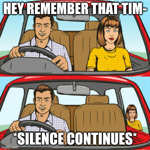 Kicked Out Of Car | HEY REMEMBER THAT TIM-; *SILENCE CONTINUES* | image tagged in kicked out of car | made w/ Imgflip meme maker
