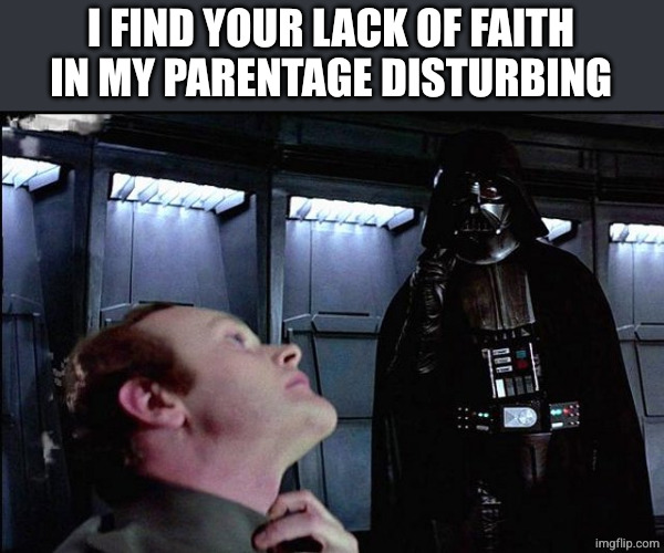I find your lack of faith disturbing | I FIND YOUR LACK OF FAITH IN MY PARENTAGE DISTURBING | image tagged in i find your lack of faith disturbing | made w/ Imgflip meme maker