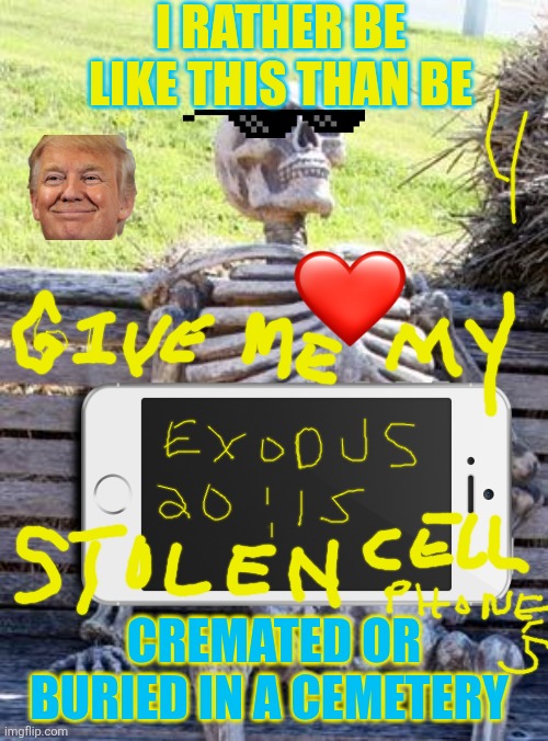 Waiting Skeleton Meme | I RATHER BE LIKE THIS THAN BE; CREMATED OR BURIED IN A CEMETERY | image tagged in memes,waiting skeleton | made w/ Imgflip meme maker