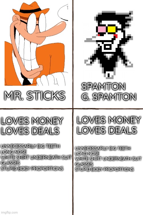 don't forget literally nobody asked for this | SPAMTON G. SPAMTON; MR. STICKS; LOVES MONEY
LOVES DEALS; LOVES MONEY
LOVES DEALS; UNNECESSARILY BIG TEETH
LONG NOSE
WHITE SHIRT UNDERNEATH SUIT
GLASSES
STUPID BODY PROPORTIONS; UNNECESSARILY BIG TEETH
LONG NOSE
WHITE SHIRT UNDERNEATH SUIT
GLASSES
STUPID BODY PROPORTIONS | image tagged in bsnshnshnzhnbzh b hbzhb zh bzh b | made w/ Imgflip meme maker