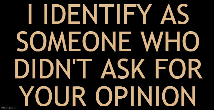 Post This to Liberals | I IDENTIFY AS
SOMEONE WHO
DIDN'T ASK FOR
YOUR OPINION | image tagged in identity,liberals,identify as,karens,opinion,soyboys | made w/ Imgflip meme maker