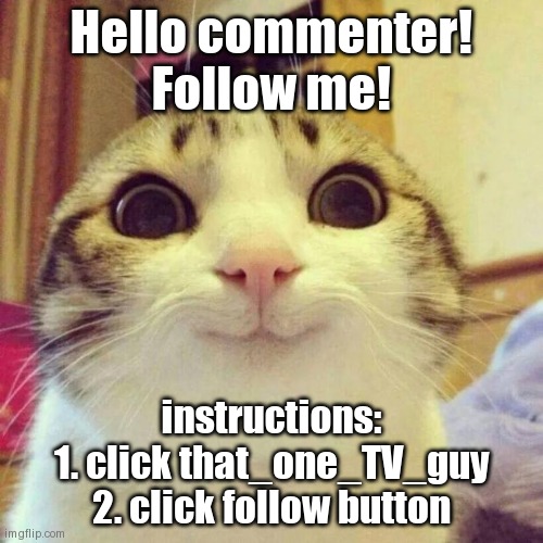 Smiling Cat Meme | Hello commenter! Follow me! instructions:
1. click that_one_TV_guy
2. click follow button | image tagged in memes,smiling cat | made w/ Imgflip meme maker
