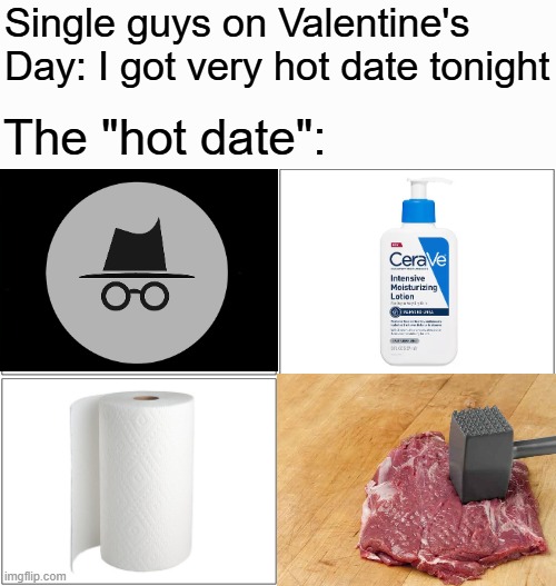 Best way to spend a night when you're single | Single guys on Valentine's Day: I got very hot date tonight; The "hot date": | image tagged in memes,blank comic panel 2x2,valentine's day,single life,masturbation,valentines day | made w/ Imgflip meme maker