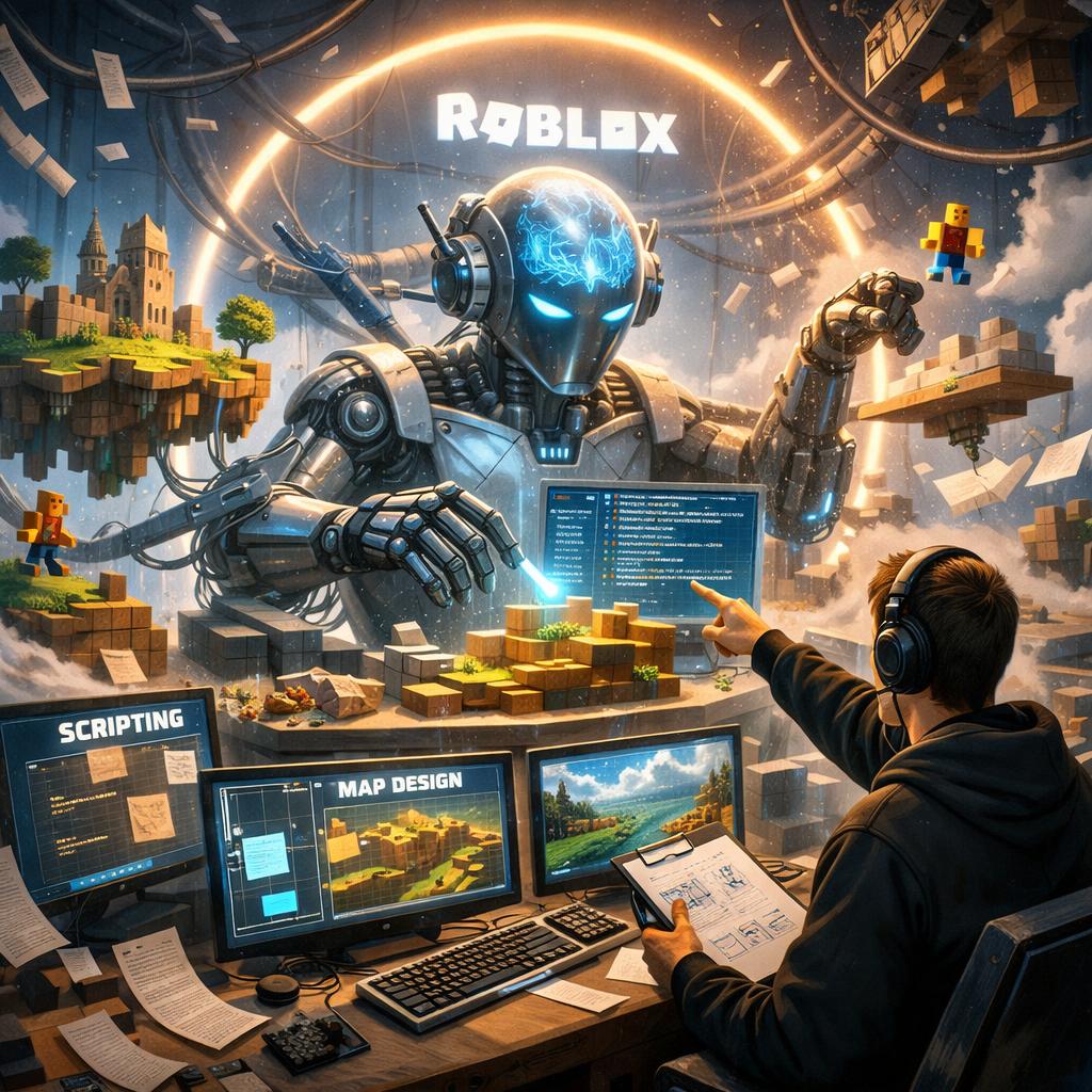 ai working on roblox game and person commanding it Blank Meme Template