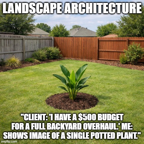 single pot | LANDSCAPE ARCHITECTURE; "CLIENT: 'I HAVE A $500 BUDGET FOR A FULL BACKYARD OVERHAUL.' ME: SHOWS IMAGE OF A SINGLE POTTED PLANT." | image tagged in joke | made w/ Imgflip meme maker