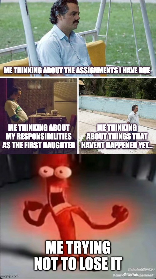 Me RN | ME THINKING ABOUT THE ASSIGNMENTS I HAVE DUE; ME THINKING ABOUT MY RESPONSIBILITIES AS THE FIRST DAUGHTER; ME THINKING ABOUT THINGS THAT HAVENT HAPPENED YET... ME TRYING NOT TO LOSE IT | image tagged in memes,sad pablo escobar | made w/ Imgflip meme maker