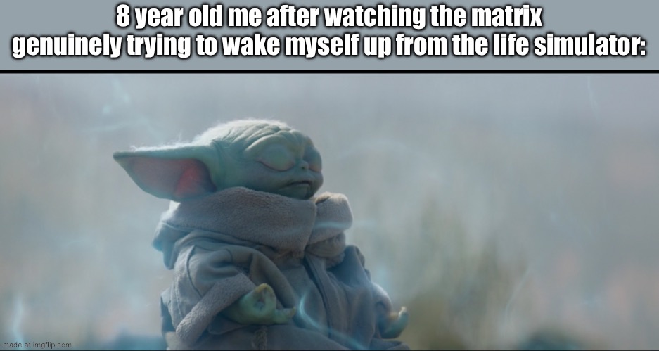 Grogu Baby Yoda Meditating | 8 year old me after watching the matrix genuinely trying to wake myself up from the life simulator: | image tagged in grogu baby yoda meditating | made w/ Imgflip meme maker