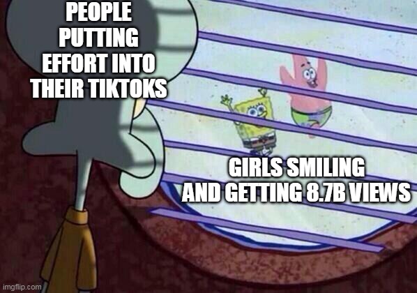 But why | PEOPLE PUTTING EFFORT INTO THEIR TIKTOKS; GIRLS SMILING AND GETTING 8.7B VIEWS | image tagged in squidward window | made w/ Imgflip meme maker