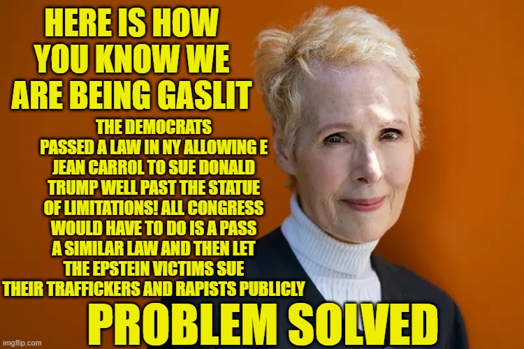 uniparty gaslite | HERE IS HOW YOU KNOW WE ARE BEING GASLIT; THE DEMOCRATS PASSED A LAW IN NY ALLOWING E JEAN CARROL TO SUE DONALD TRUMP WELL PAST THE STATUE OF LIMITATIONS! ALL CONGRESS WOULD HAVE TO DO IS A PASS A SIMILAR LAW AND THEN LET THE EPSTEIN VICTIMS SUE THEIR TRAFFICKERS AND RAPISTS PUBLICLY; PROBLEM SOLVED | image tagged in e jean carrol,jeffrey epstein,epstein,lawsuit,pedophiles,new york | made w/ Imgflip meme maker