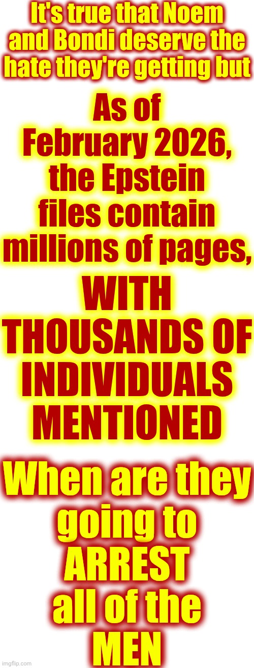 ARREST ALL OF THE MEN | It's true that Noem and Bondi deserve the hate they're getting but; As of February 2026, the Epstein files contain millions of pages, WITH THOUSANDS OF INDIVIDUALS MENTIONED; When are they
going to
ARREST
all of the
MEN | image tagged in memes,trump unfit unqualified dangerous,impeach trump,lock him up,lock them all up,lock up the men in epstein's files | made w/ Imgflip meme maker