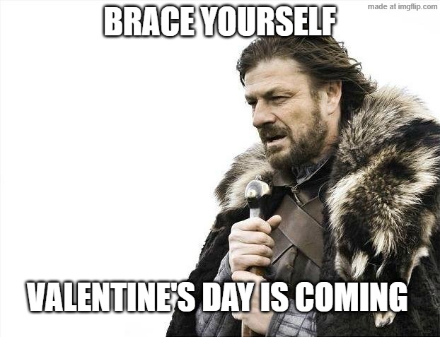 singles rule! | BRACE YOURSELF; VALENTINE'S DAY IS COMING | image tagged in memes,brace yourselves x is coming | made w/ Imgflip meme maker