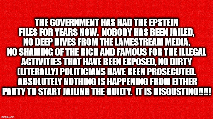 Epstein Files | THE GOVERNMENT HAS HAD THE EPSTEIN FILES FOR YEARS NOW.  NOBODY HAS BEEN JAILED, NO DEEP DIVES FROM THE LAMESTREAM MEDIA, NO SHAMING OF THE RICH AND FAMOUS FOR THE ILLEGAL ACTIVITIES THAT HAVE BEEN EXPOSED, NO DIRTY (LITERALLY) POLITICIANS HAVE BEEN PROSECUTED.  ABSOLUTELY NOTHING IS HAPPENING FROM EITHER PARTY TO START JAILING THE GUILTY.  IT IS DISGUSTING!!!!! | image tagged in no arrests,epstein scandal,dirty politicians,hollyweird freaks,justice | made w/ Imgflip meme maker