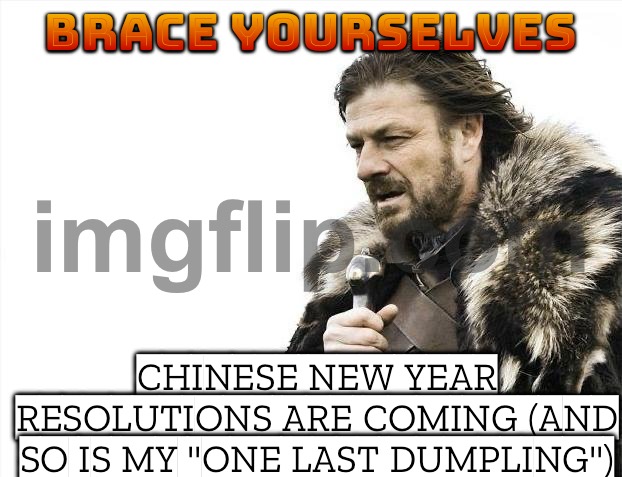 BRACE YOURSELVES; CHINESE NEW YEAR RESOLUTIONS ARE COMING (AND THEY'LL LAST UNTIL THE FIRST DUMPLING) | BRACE YOURSELVES; CHINESE NEW YEAR RESOLUTIONS ARE COMING (AND SO IS MY "ONE LAST DUMPLING") | image tagged in memes,brace yourselves x is coming,food memes,chinese food,happy new year,2026 | made w/ Imgflip meme maker