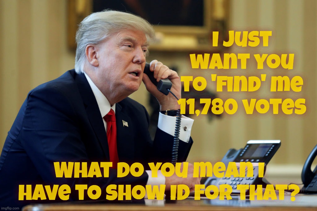Muh voter iD | I just want you
to 'find' me 11,780 votes; What do you mean I have to show ID for that? | image tagged in trump phone,find him 11780 votes,but he wants additional voter id,to prevent election fraud,did he show his id,magat hypocrisy | made w/ Imgflip meme maker