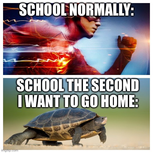 truuuuuue | SCHOOL NORMALLY:; SCHOOL THE SECOND I WANT TO GO HOME: | image tagged in fast vs slow,true,memes,funny,school | made w/ Imgflip meme maker
