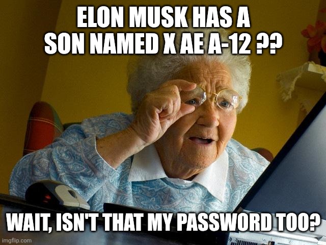 Grandma Finds The Internet Meme | ELON MUSK HAS A SON NAMED X AE A-12 ?? WAIT, ISN'T THAT MY PASSWORD TOO? | image tagged in memes,grandma finds the internet,elon musk | made w/ Imgflip meme maker