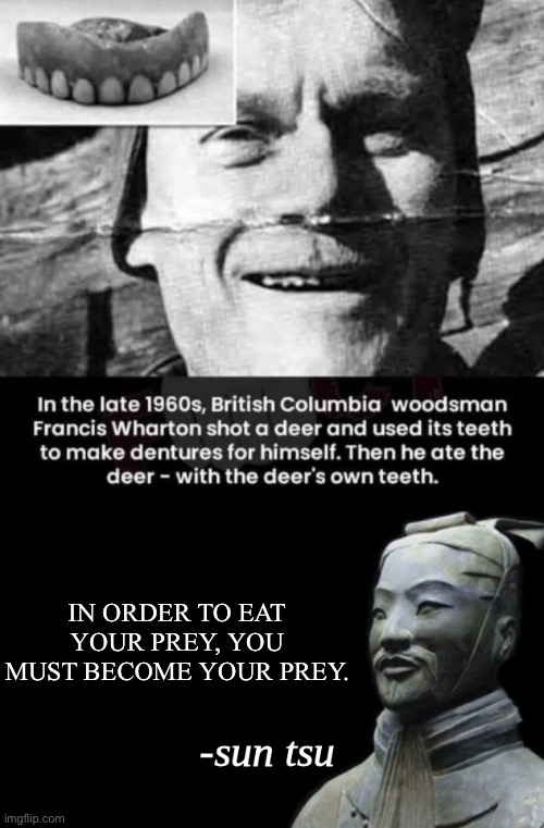 Nineteenth Century Survival | IN ORDER TO EAT YOUR PREY, YOU MUST BECOME YOUR PREY. | image tagged in sun tsu fake quote,woodsman,prey,deer,the dark side | made w/ Imgflip meme maker