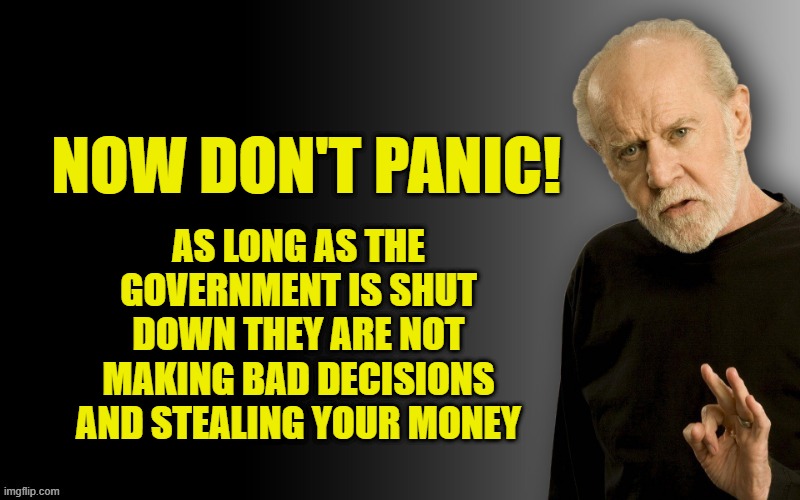 The Government just shut down but don't be a PANICAN | NOW DON'T PANIC! AS LONG AS THE GOVERNMENT IS SHUT DOWN THEY ARE NOT MAKING BAD DECISIONS AND STEALING YOUR MONEY | image tagged in trump,government shutdown,taxation is theft,democrats,george carlin,government corruption | made w/ Imgflip meme maker