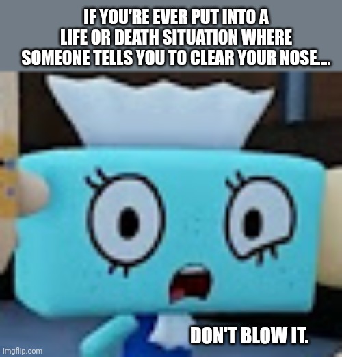 Disturbed Tisha | IF YOU'RE EVER PUT INTO A LIFE OR DEATH SITUATION WHERE SOMEONE TELLS YOU TO CLEAR YOUR NOSE.... DON'T BLOW IT. | image tagged in disturbed tisha | made w/ Imgflip meme maker