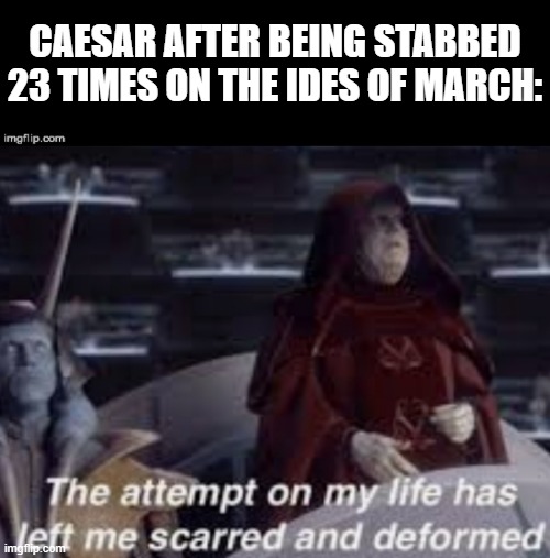 CAESAR AFTER BEING STABBED 23 TIMES ON THE IDES OF MARCH: | image tagged in double long black template,the attempt on my life has left me scarred and deformed | made w/ Imgflip meme maker