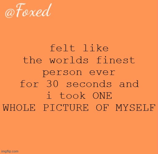 foxed orange temp | felt like the worlds finest person ever for 30 seconds and i took ONE WHOLE PICTURE OF MYSELF | image tagged in foxed orange temp | made w/ Imgflip meme maker