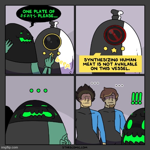 image tagged in stars,alien,machine,human,meat,awkward | made w/ Imgflip meme maker