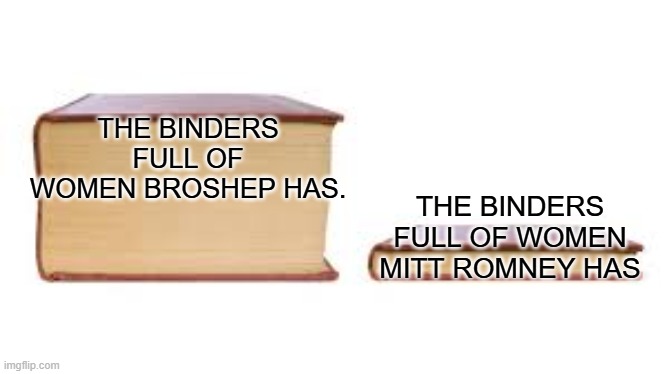 Women... | THE BINDERS FULL OF WOMEN BROSHEP HAS. THE BINDERS FULL OF WOMEN MITT ROMNEY HAS | image tagged in big book small book | made w/ Imgflip meme maker
