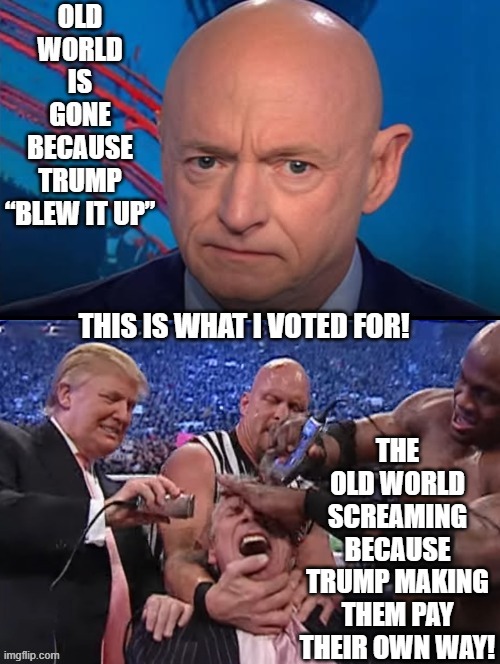Old World Is Gone Because Trump “Blew It Up” | THE OLD WORLD SCREAMING BECAUSE TRUMP MAKING THEM PAY THEIR OWN WAY! | image tagged in yes,mr mcmahon reaction | made w/ Imgflip meme maker