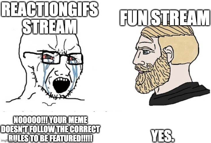 POV: You try submit something in a stream | REACTIONGIFS STREAM; FUN STREAM; YES. NOOOOO!!! YOUR MEME DOESN'T FOLLOW THE CORRECT RULES TO BE FEATURED!!!!! | image tagged in soyboy vs yes chad,streams,relatable,memes | made w/ Imgflip meme maker