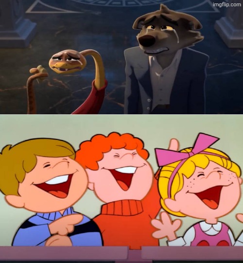 The Children are Laughing at mr wolf and mr snake crying | image tagged in the children are laughing at what funny scene,the bad guys,deviantart,crossover,dreamworks,universal studios | made w/ Imgflip meme maker