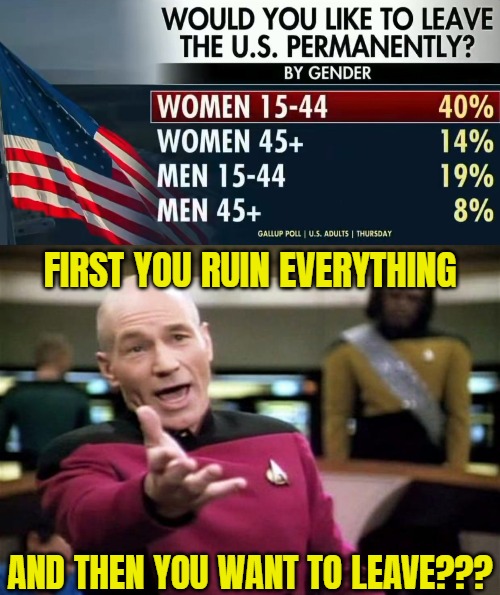 Morons | FIRST YOU RUIN EVERYTHING; AND THEN YOU WANT TO LEAVE??? | image tagged in startrek,women,united states of america,polls | made w/ Imgflip meme maker