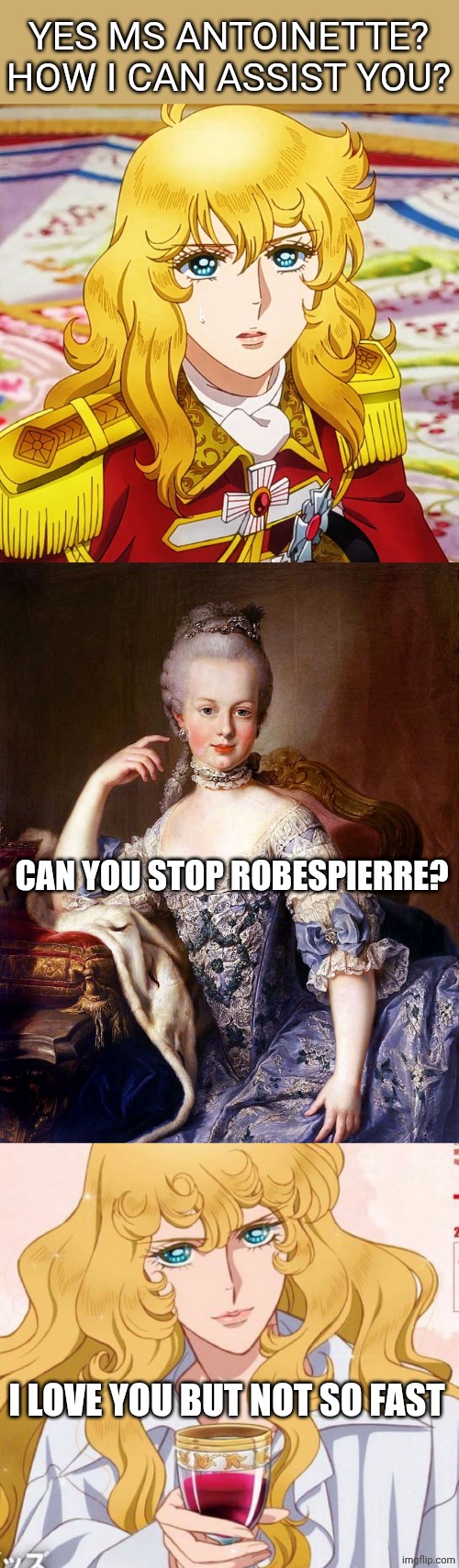 YES MS ANTOINETTE? HOW I CAN ASSIST YOU? CAN YOU STOP ROBESPIERRE? I LOVE YOU BUT NOT SO FAST | image tagged in lady oscar,marie antoinette | made w/ Imgflip meme maker