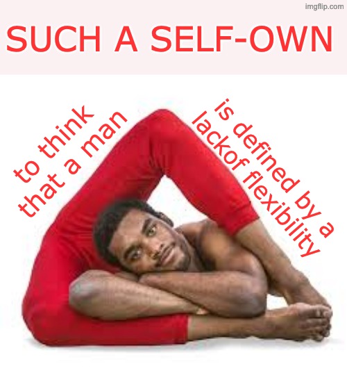 Toxic masculinity is a cage -- for all of us | to think that a man is defined by a
lackof flexibility SUCH A SELF-OWN | image tagged in contortionist,toxic masculinity,sexism | made w/ Imgflip meme maker
