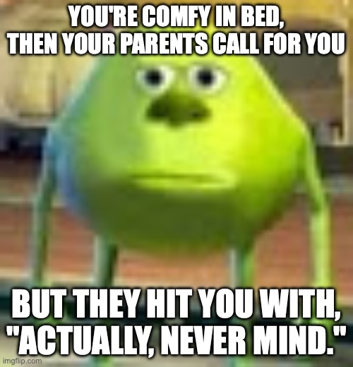 Sully Wazowski | YOU'RE COMFY IN BED, THEN YOUR PARENTS CALL FOR YOU; BUT THEY HIT YOU WITH, "ACTUALLY, NEVER MIND." | image tagged in sully wazowski | made w/ Imgflip meme maker