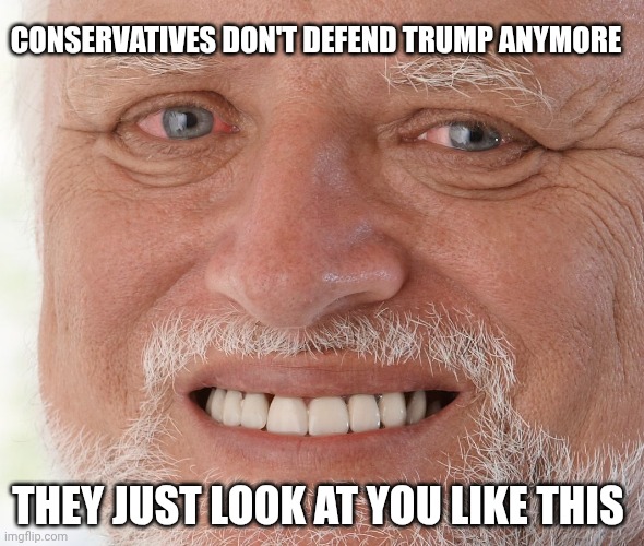 Make it go away again | CONSERVATIVES DON'T DEFEND TRUMP ANYMORE; THEY JUST LOOK AT YOU LIKE THIS | image tagged in hide the pain harold,donald trump,maga,shame,embarrassed | made w/ Imgflip meme maker